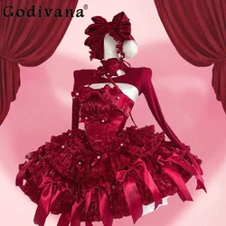 Christmas Red Lolita Strapless Dress Women's Slim Big Bow Elegant Heavy Industry Birthday Party Evening Dress Ladies Short Dress