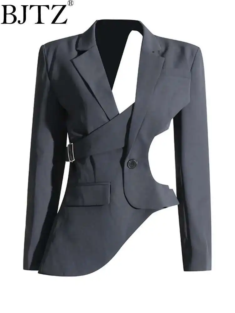 

BJTZ Niche Asymmetrical Design 2025 Summer Blazer Collar Long Sleeved Side Waist Hollow Solid Color Blazers Jacket