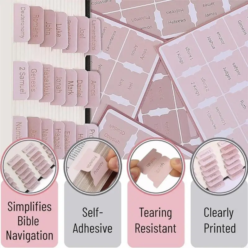 

6 Sheets Laminated Bible Tabs Pink Large Print Stickers Easy to Read Bible Journaling Tabs Christian Gift for Women