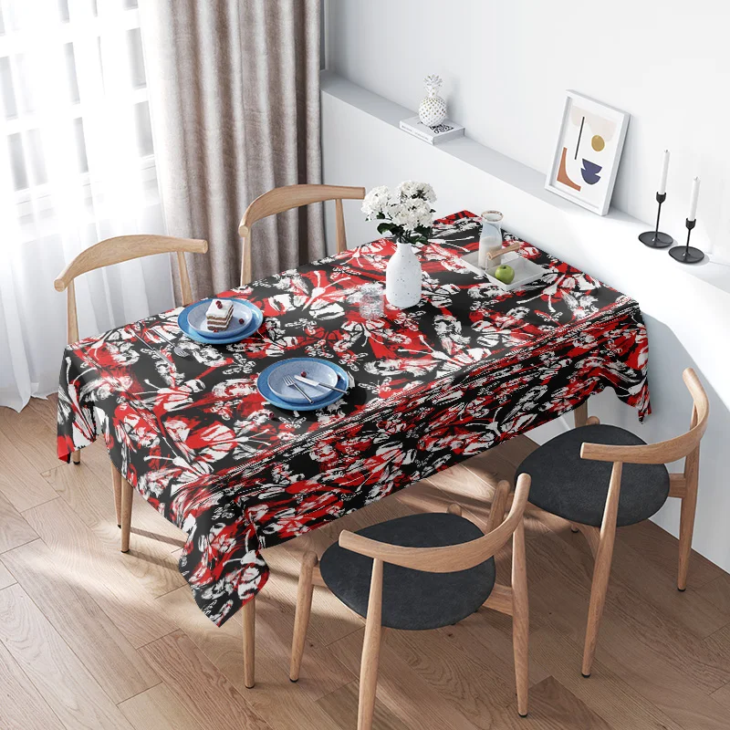 

Red and black flower printed tablecloth for home dining room decoration