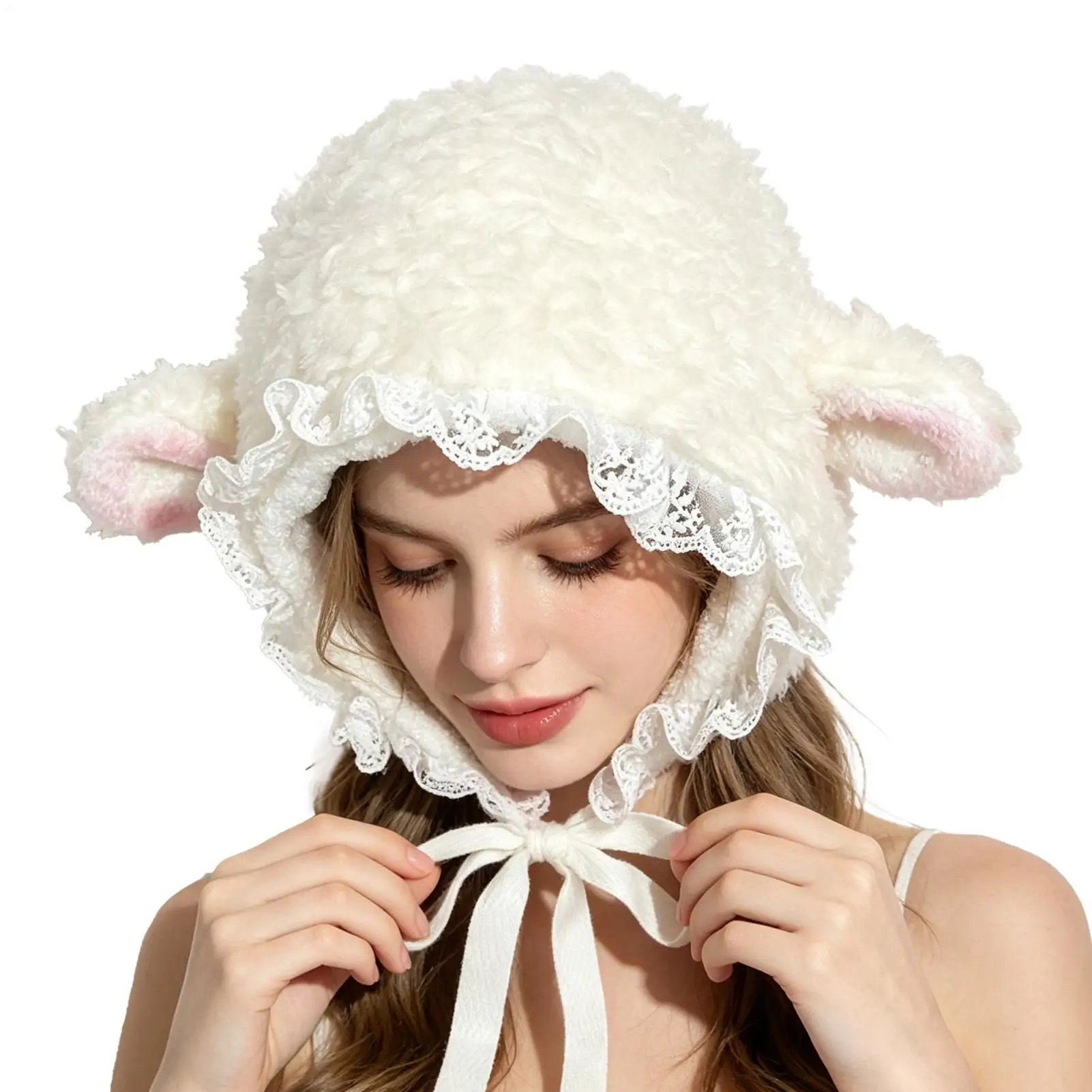 Sheep Hat Cute Warm Costume Headband with Adjustable Chin Ties Lamb Costume for Winter Outdoor Party Halloween Festival Camping