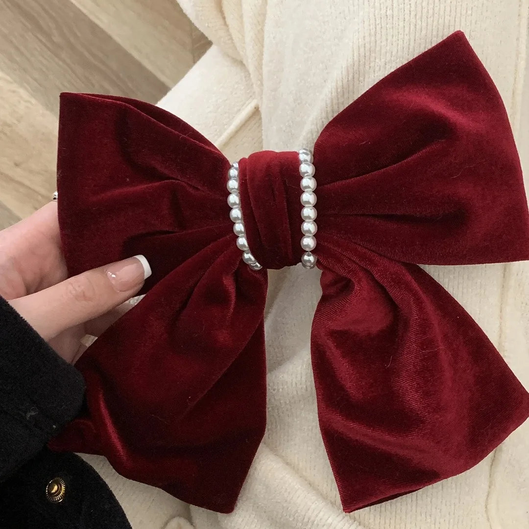 1 velvet bow hair clip Autumn-winter vintage top clip net Red elegant temperament pearl back head spring clip