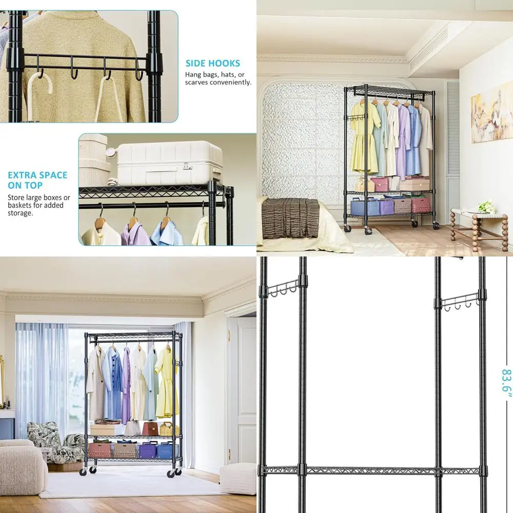 Extra Large Mobile Garment Rack with 3 Shelves, 2 Rods & Side Hooks, 47.2x17.7x83.6, Black
