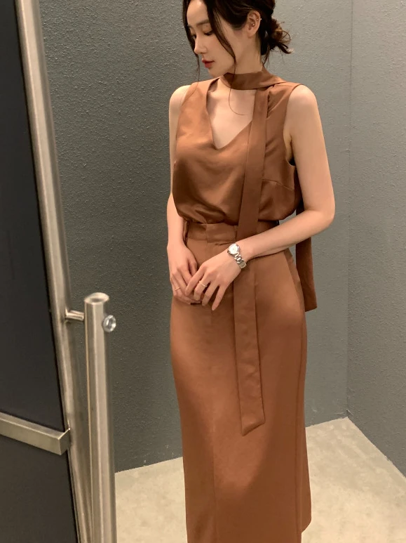 

Женский топ-комплект с высокой талией и юбкой-миди Sa, свободный утягивающий модный универсальный летний комплект из полиэфирного волокна