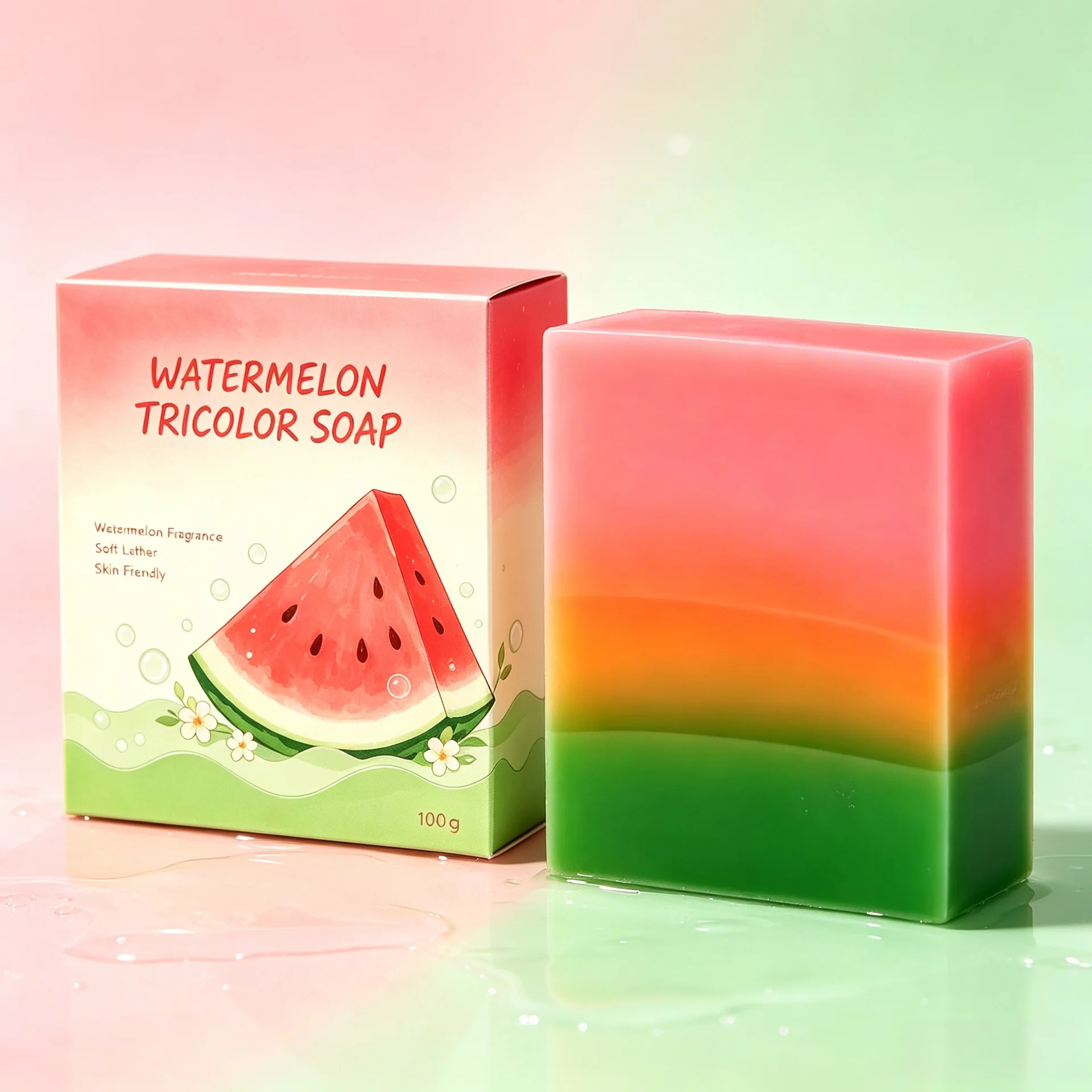 Watermelon Tri-Color Soap 100g x 2, Handmade Essential Oil Bars for Bathing & Gentle Face Cleansing, Moisturizing Formula