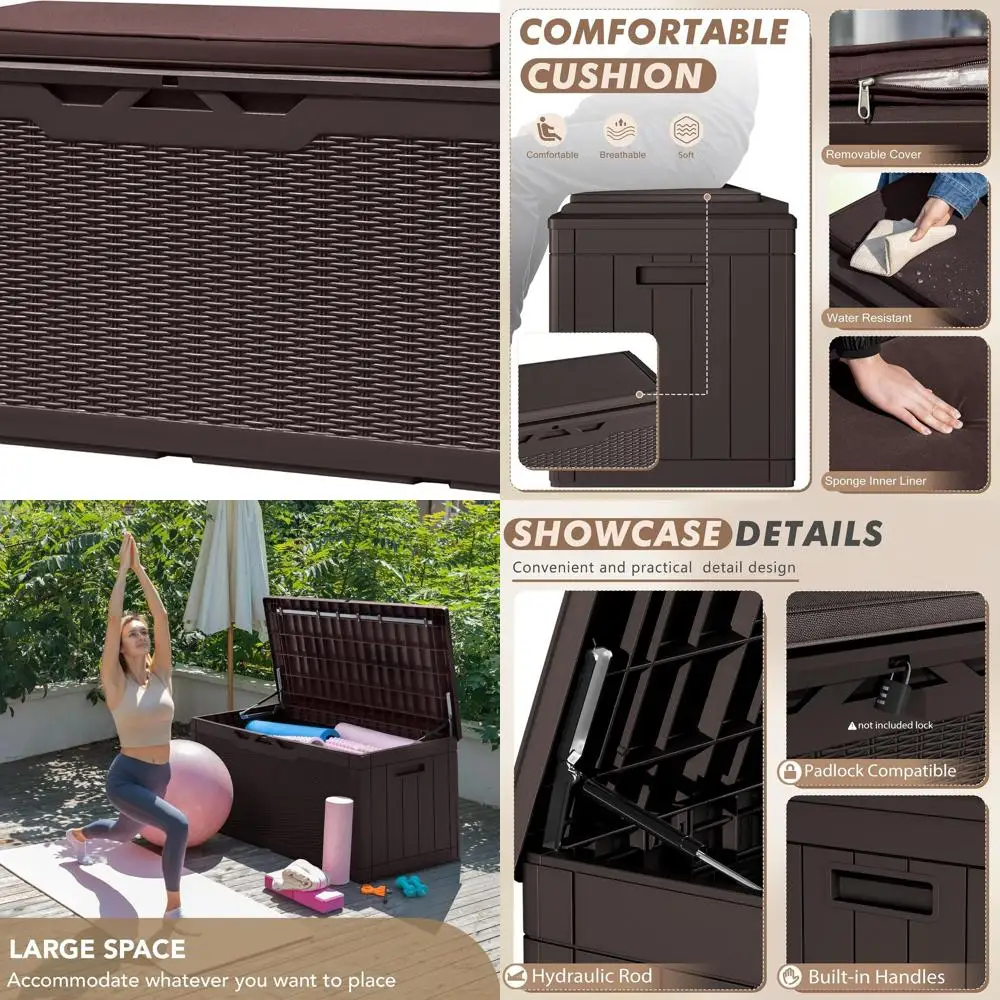 

Waterproof 100 Gallon Outdoor Storage Bench with Cushion, Lockable Deck Box for Patio and Garden Accessories