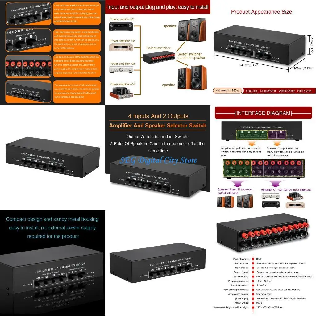 

U75B 4 in 2 Out Speaker Splitters Switcher Box Selector Sound Switcher Banana Adapters