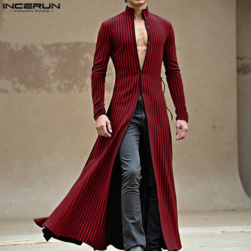 

INCERUN Men Long Style Shirt Striped Stand Collar Long Sleeve Button Male Cardigan Tops Streetwear 2025 Fashion Casual Camisas