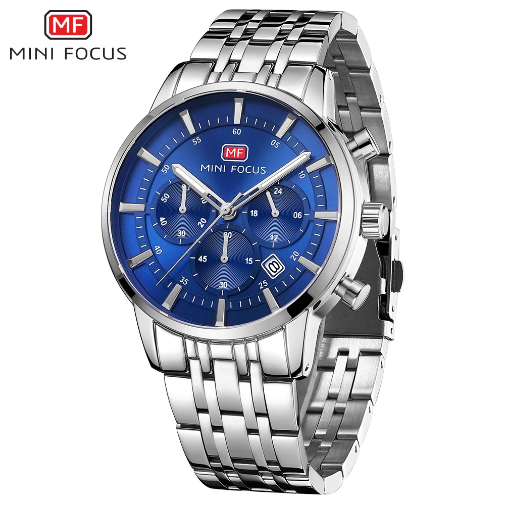 MINI FOCUS 2026 Top Luxury Silver Blue Quartz Watches Men Brand Chronograph Wristwatch Waterproof Luminous Business Watch Man