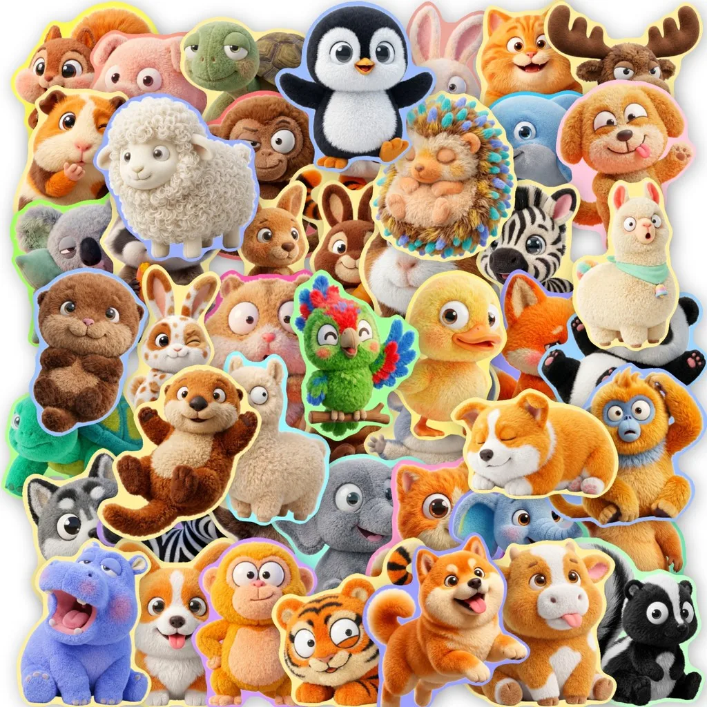 50Pcs Fuzzy‑Texture Cartoon Pet Stickers, Cute Realistic Fluffy Animal Doodle Decals, DIY Decor Materials AnimeWorlds Store