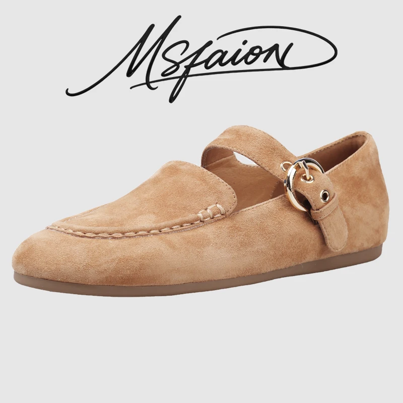 

2026 New Genuine Suede Leather Mary Jane Shoes Women's Low Heel 2.5cm Ankle Strap Round Toe Comfortable Flats Soft Pigskin Linin