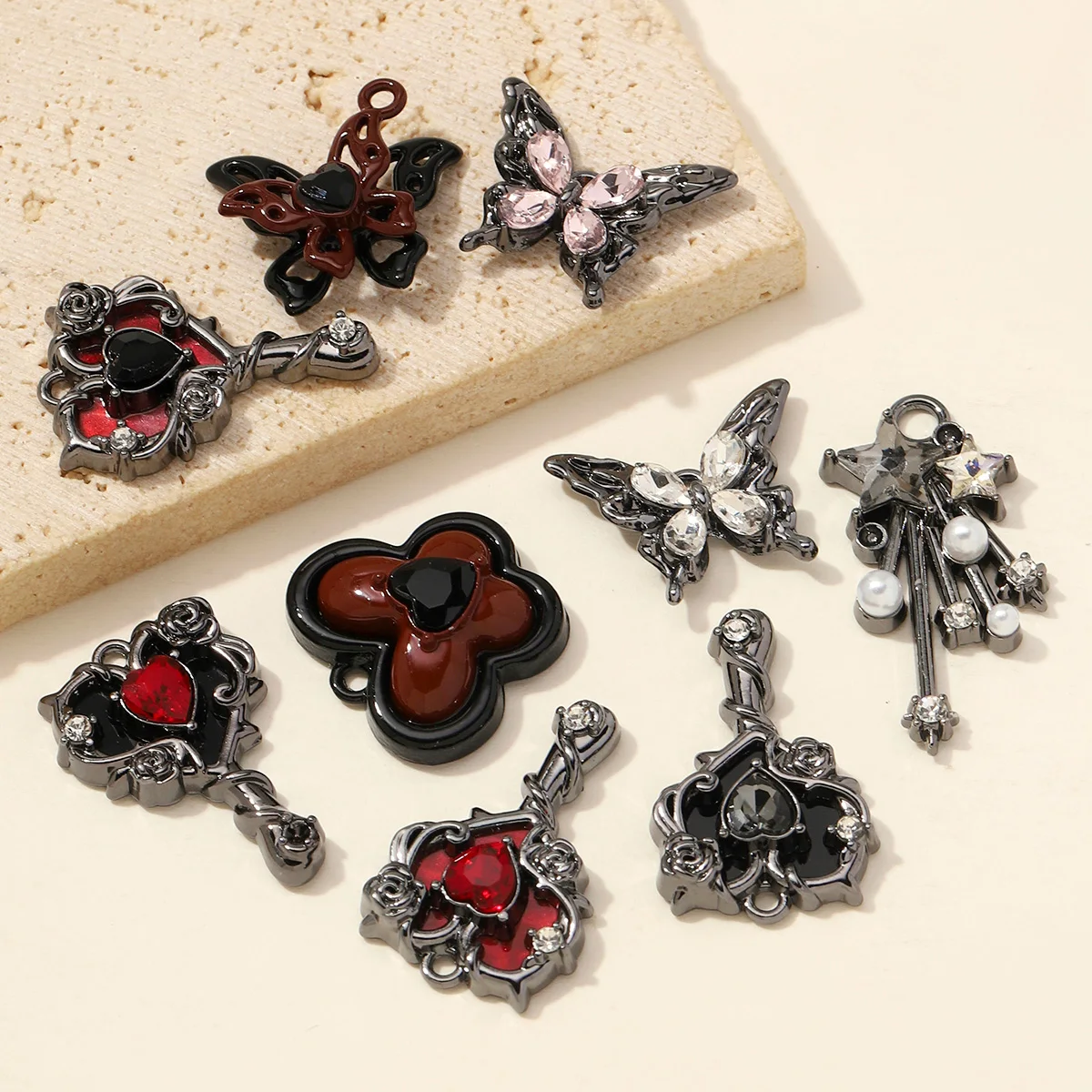 5pcs/lot Glass Stone Butterfly Diy Charm Woman High Polished Heart Key Zinc Alloy Pendant Necklace Earring Making Jewelry