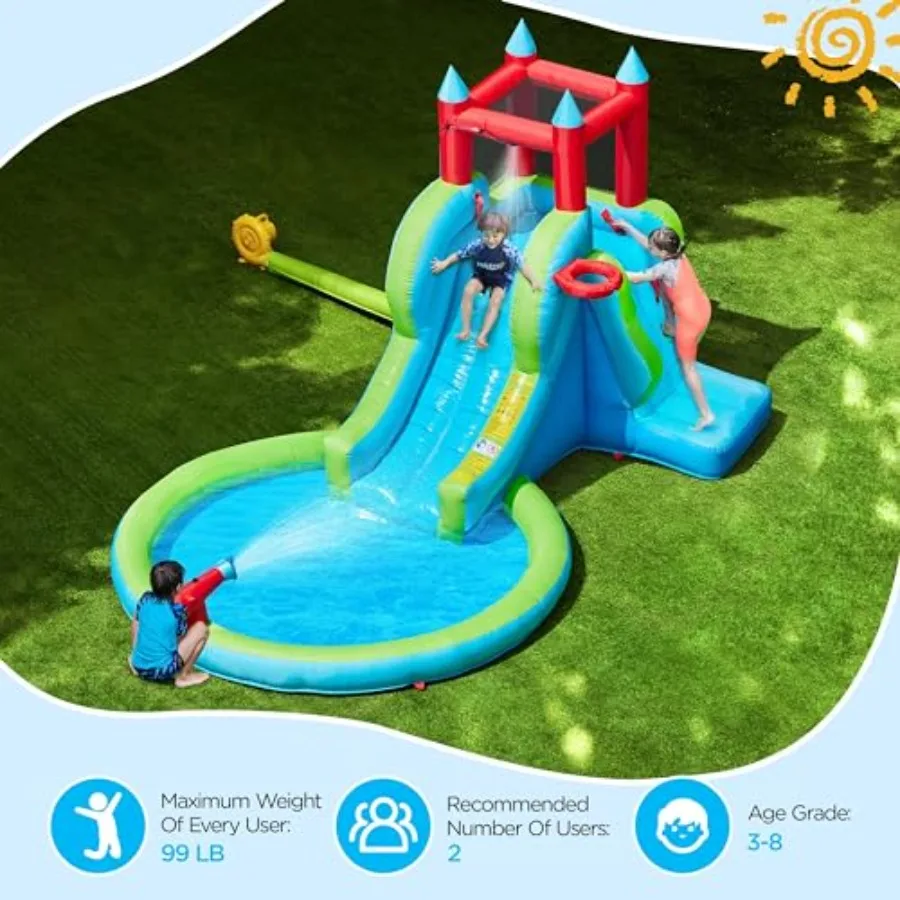 Inflatable Water Slide for outdoor use, PVC material, blue and yellow, 5-in-1 design with water cannon, basketball hoop, climbi