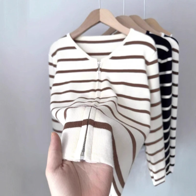 Cardigan Women Sweaters Coats Vintage Striped Zipper Jackets Round Neck Jumpers Y2k Streetwear Knit Open Stitch Autumn Winter