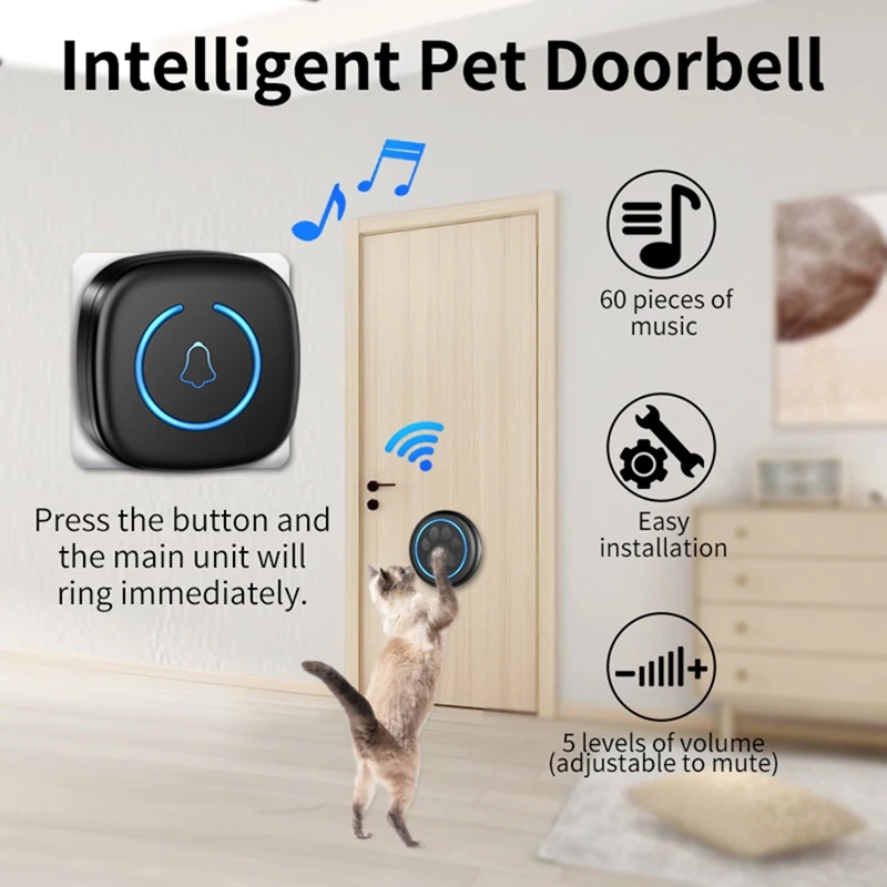 Wireless Doorbell For Cats & Dogs 300M Range 60 Songs High Volume Waterproof Smart Home Training Bell US Plug