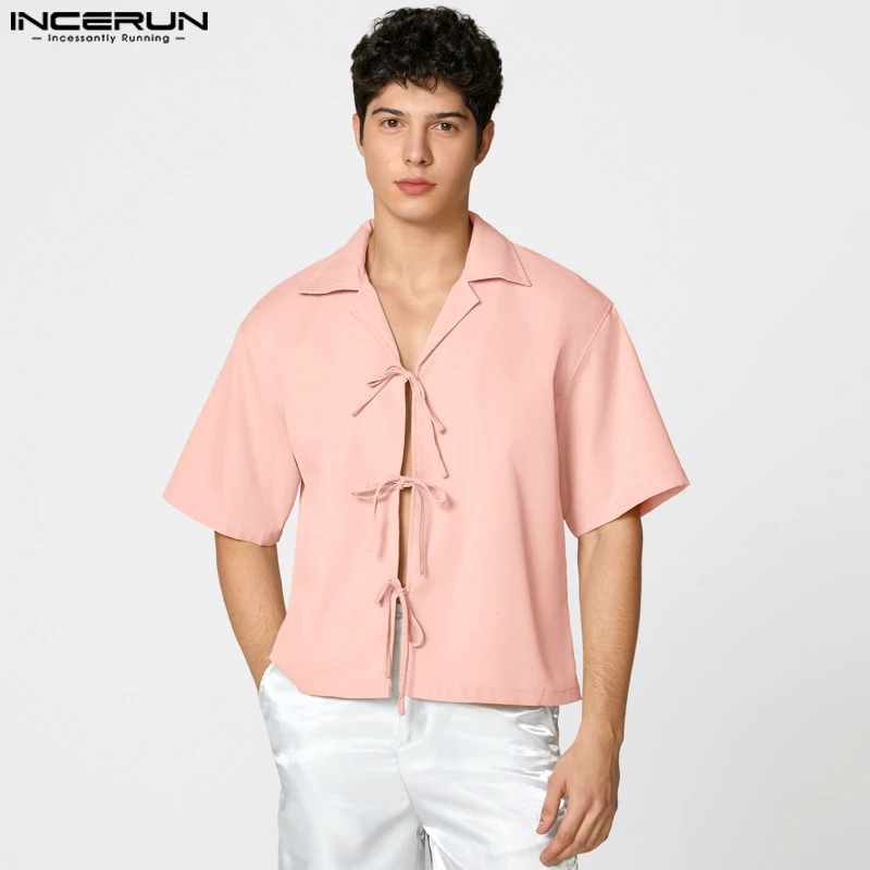 

INCERUN Men Shirt Solid Color Lapel Short Sleeve Lace Up Casual Men Clothing Streetwear 2026 Summer Fashion Male Shirts S-5XL