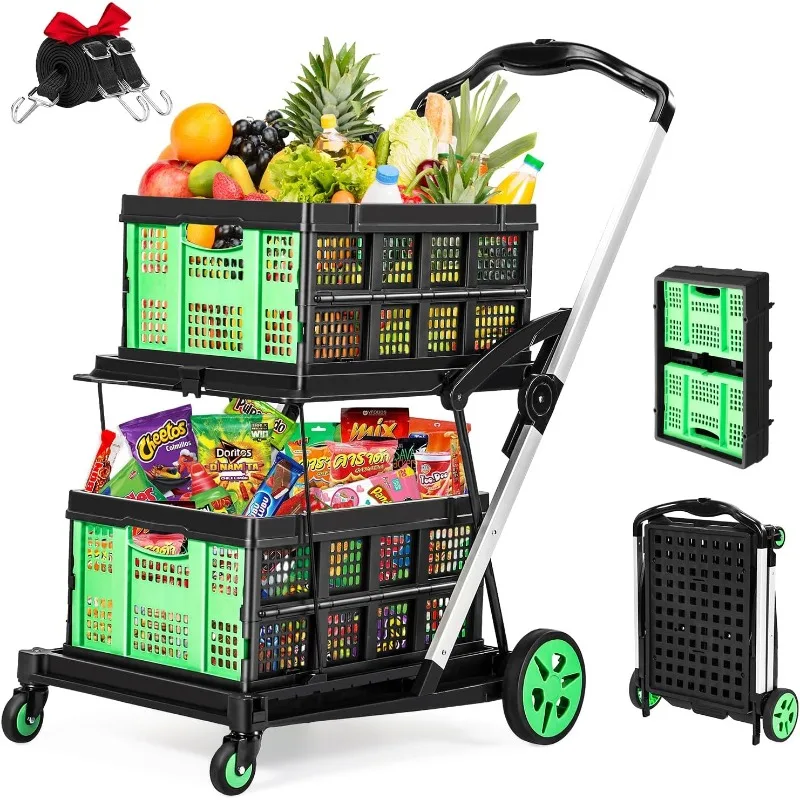 200lbs 30x18'' Foldable Shopping Cart, Multi Use Functional Collapsible Carts with 2 Storage Crates