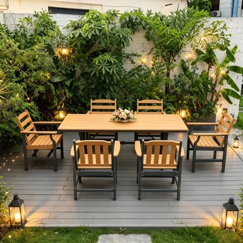 

Outdoor Wood Plastic Table And Chairs HDPE Full Aluminum Frame Dining Table And Chairs For Courtyard Garden Coffee Shop Rooftop