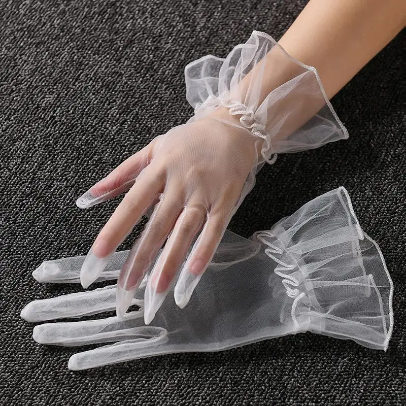 Elegant White Black Women Wedding Gloves Transparent Gauze Lace Mittens Ultra Thin Full Finger Gloves Gauze Lolita Tulle Gloves