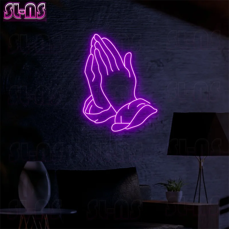 Praying Hand Art Neon Sign,Praying Hand Craft Religious gift, Hand of God Neon Sign,Jesus Sign Neon Wall Decor, Pray on it Chris