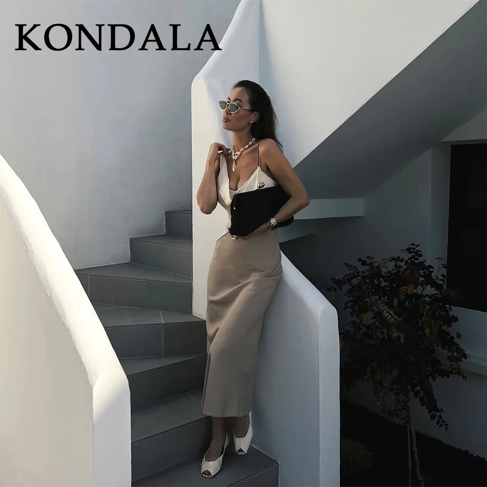 ชุดเดรสผู้หญิง KONDALA 2025 คอลเลคชั่นฤดูใบไม้ผลิ/ฤดูร้อน แบบเซ็กซี่ สายเดี่ยว ตัดต่อผ้า แฟชั่นสำหรับออกงานกลางคืน สีพื้น ซิป ไม่มีสายคล้องไหล่ ไม่มีแขน