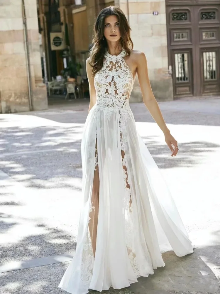 

BOHO Wedding Dresses Classic Halter Neck Bridal Gowns Sleeveless Vintage A-Line Robes Lace Appliques Backless Vestidos De Novia