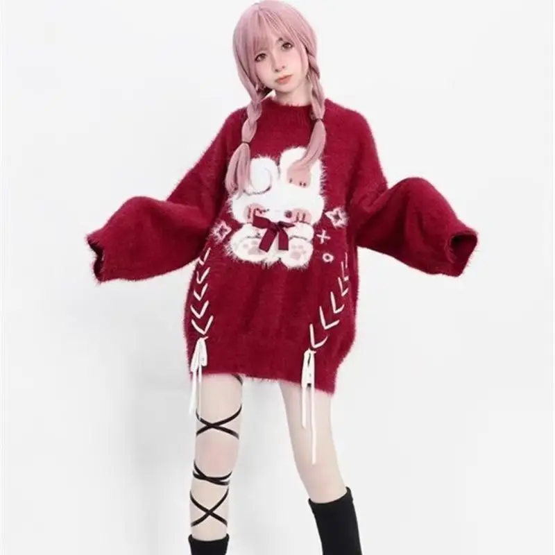 Gothic Women's Red Lace Up Sweater Women's Y2K Harajuku Rabbit Patch Japanese Fashion Knitted Pullover Sweet Winter Christmas