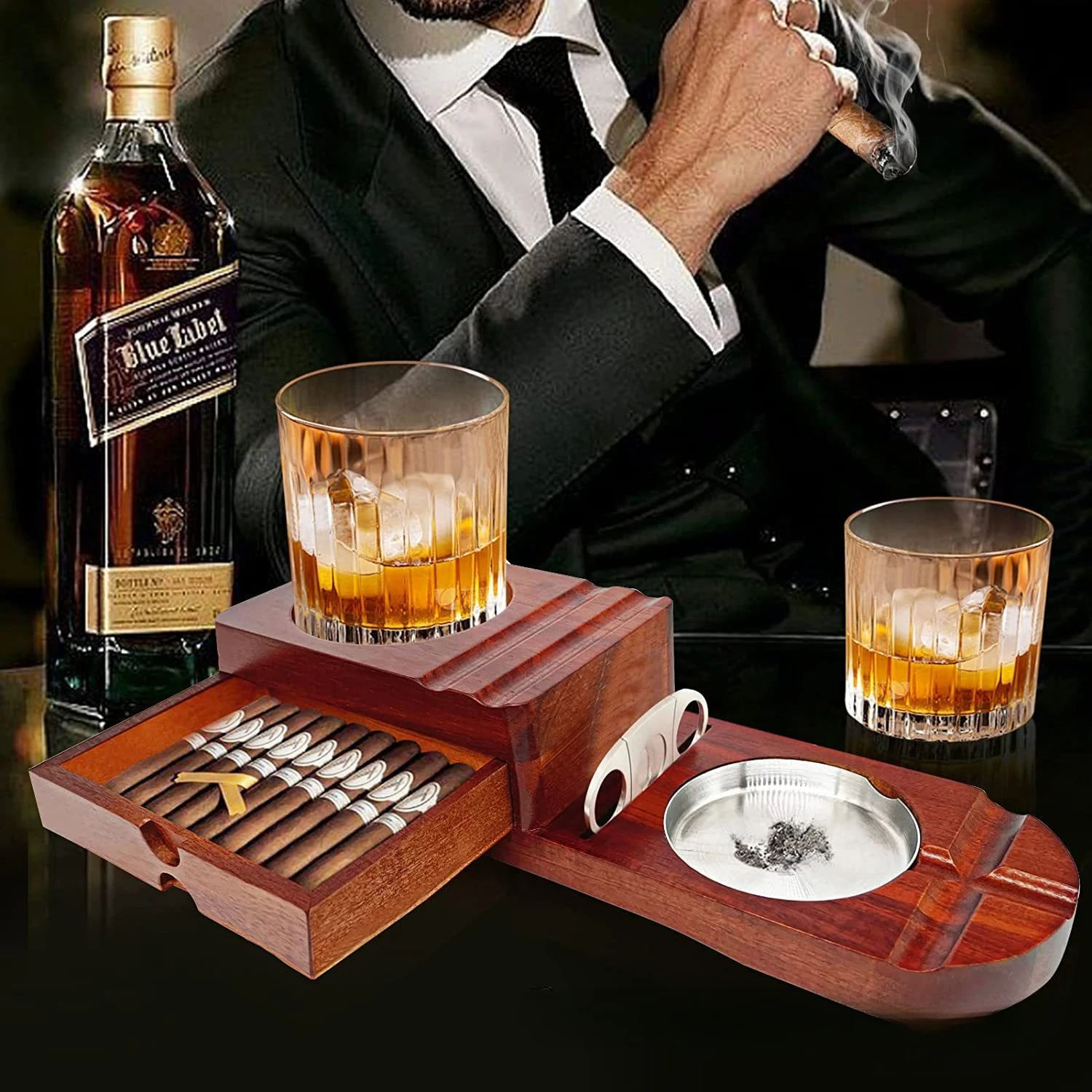 

Набор пепельниц для сигар из массива дерева — стеклянный поднос для виски и резак для сигар, дерево акации