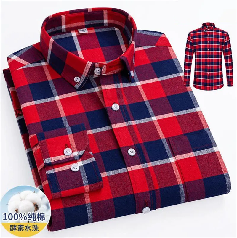 

2023 New Oxford Plaid Casual Dress Shirt For Men Long Sleeve Front Patch Chest Pocket Regular-fit Button-down Work Shirt S-6XL