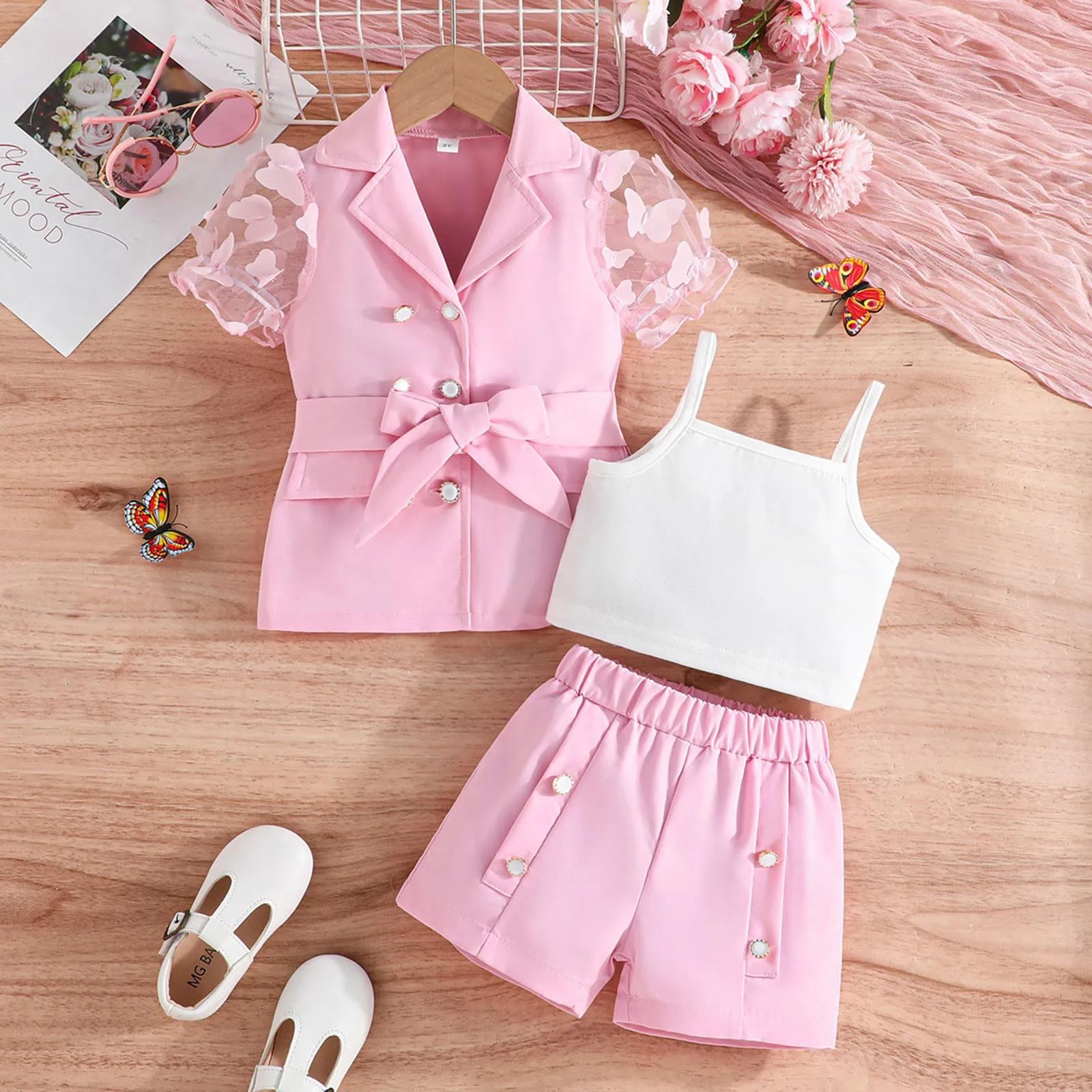 

Kids Girl Summer Clothing Outfits Floral Embroidery Tulle Short Sleeve Belted Lapel Tops+Vest+Shorts 3Pcs Children Clothes Set