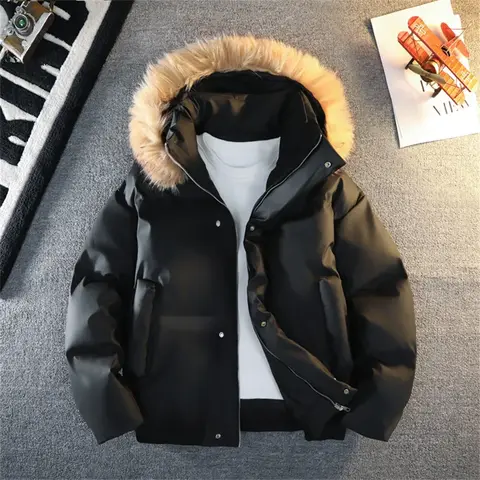 Winter Down Puffer Overcoat Men Fur Collar Soft Leather Parkas Men's Windproof Padded Coat Streetwear Men's Outdoor Parka Jacket