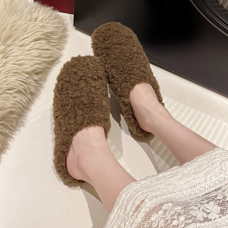 LazySeal Fleeces Solid Color Furry Slippers Women Baotou Fur Flip Flops Woman Sliders Flat With Slides Warm Slippers Indoor Shoe