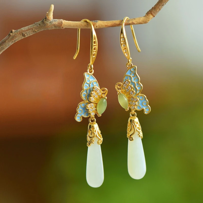 

Китайский классический дворцовый стиль, чистое серебро, отборный натуральный нефрит Хотан, эмаль, бабочка, женские серьги, антикварные ювелирные изделия