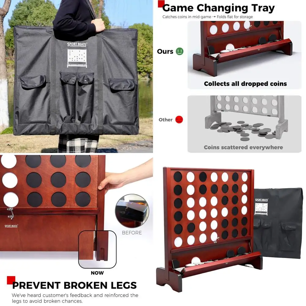 

Портативная деревянная игра «4 в ряд» со складным подносом, подходит для внутреннего и наружного использования, сумка для переноски и ножки