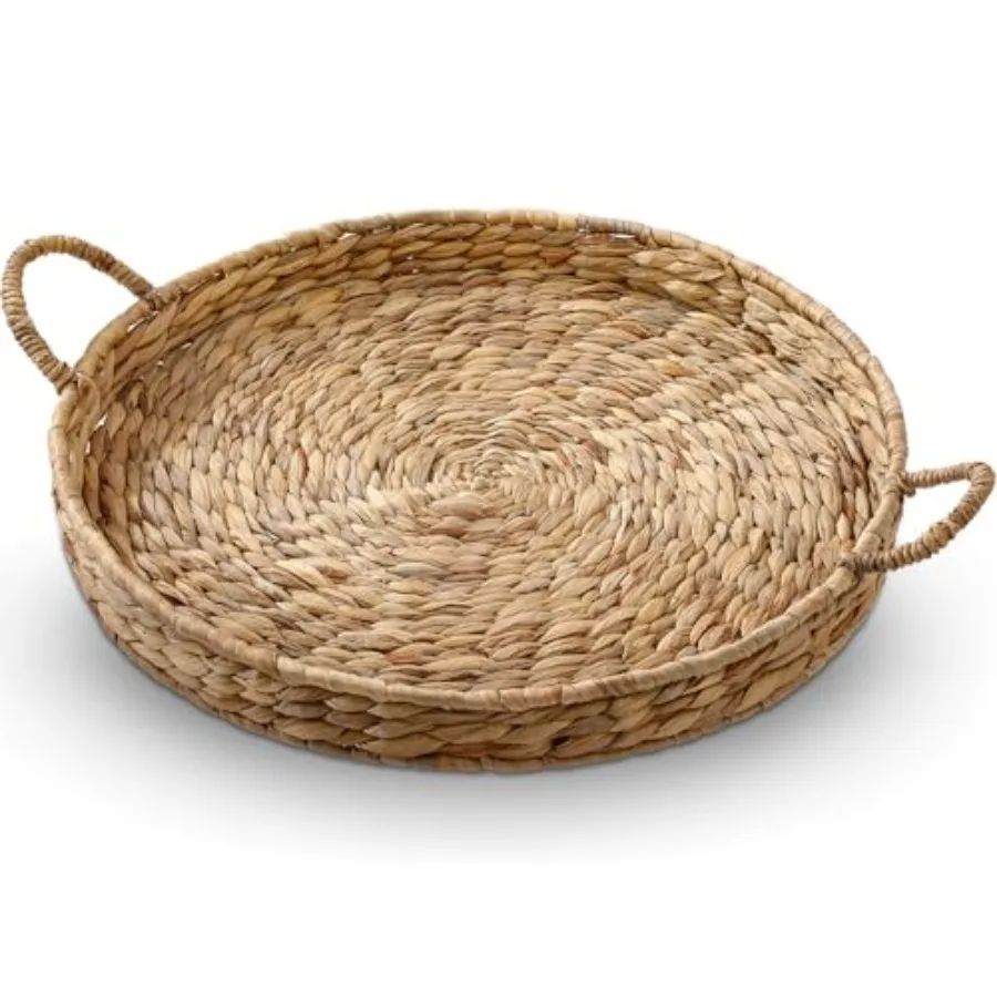 

Round Woven Hyacinth Serving Tray with Handles Rattan Decorative Storage Basket for Fruit Arts Crafts Breakfast Coffee Table Di