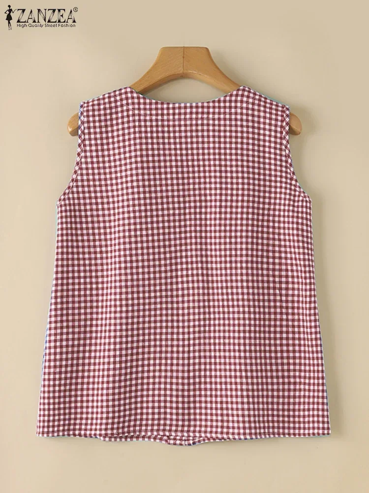 ZANZEA 2025 여름 탱크 탑 여성 격자 무늬 민소매 탱크 조끼 패션 오 넥 포켓 버튼 Camis 한국 블라우스 빈티지 탱크