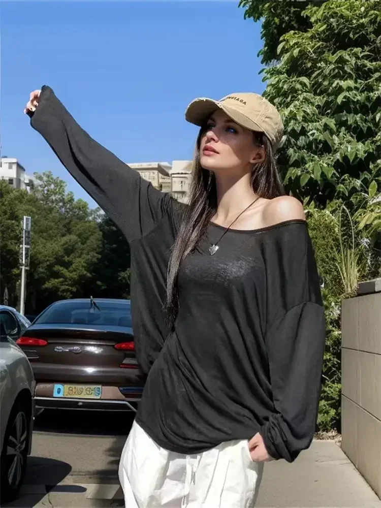 Sexy Sheer Baggy T-shirt for Women 2026 Casual Fashion Loose Pullovers Chic Lazy Solid Color Off Shoulder Top Streetwear image 2