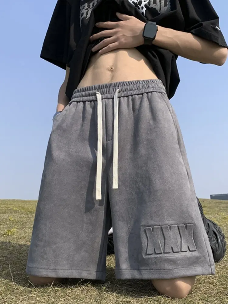 

Мужские летние новые свободные спортивные брюки из кожи и замши с эффектом стирки, модные американские повседневные дышащие шорты до колена