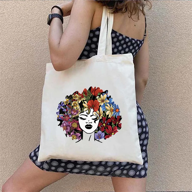 African Black Women Canvas Shoulder Bag Fashion Tote Eco Reusable Shopping Bag Portable Travel Tote Bag Student Schoolbag