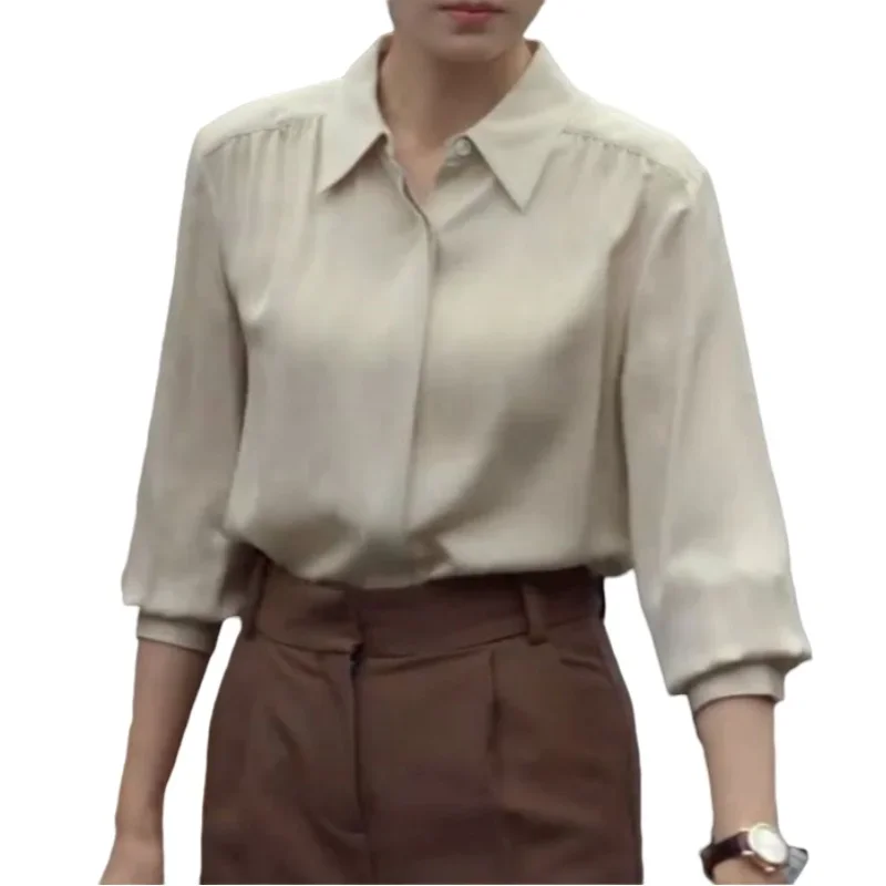 Minimalist Pleated 100% Silk Shirt Long Sleeve Office Lady Silk Blouse Elegant Button Up Down Shirts Fashion Tops Women Clothing