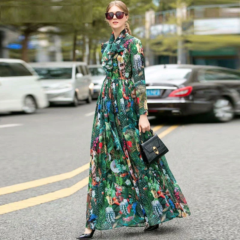 2023 New Fashion Designer Spring Autumn Women Long Sleeve Rainforest Floral-Print Maxi Dresses