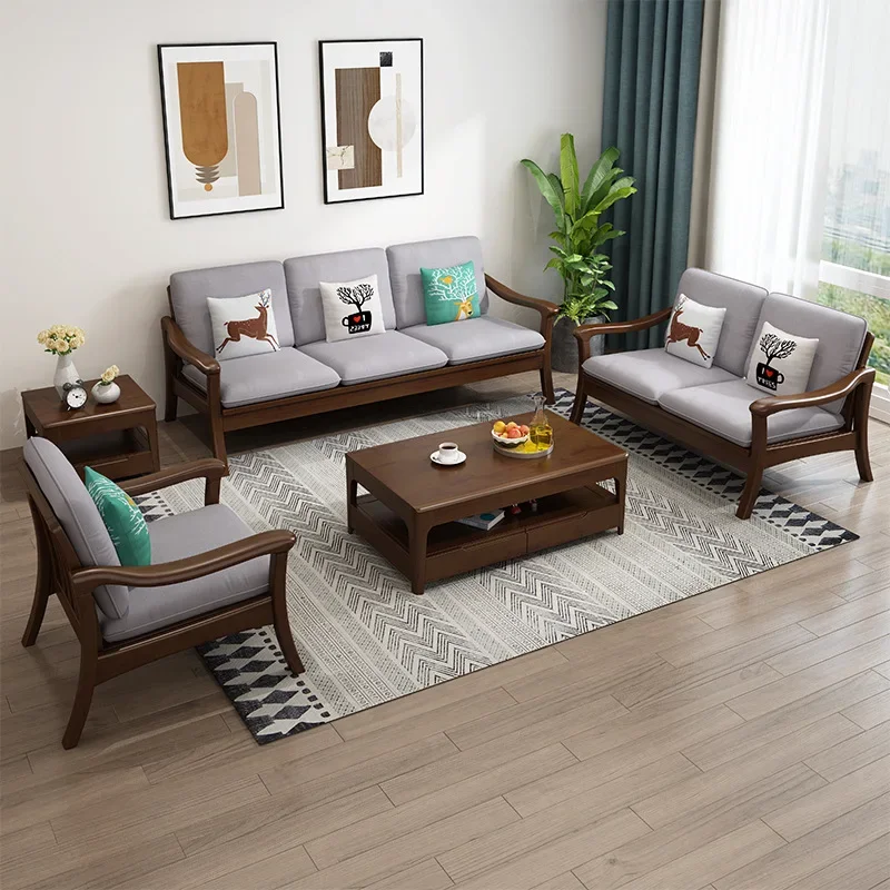 All solid wood sofa set, modern simple log winter and summer living room combination