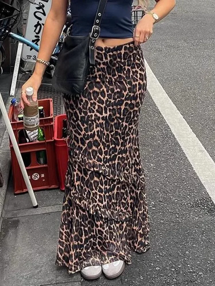 

American Style Spicy Girl Retro Leopard Print Double-Layer Mesh Skirt With Lace Splicing Micro Trumpet Mid Length Skirt