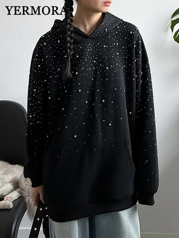 

YERMORA Women Black Rhinestone Pocket Casual Sweatshirt Hoode Long Sleeve Loose New Hoodie Fashion Tide Spring Autumn 2025