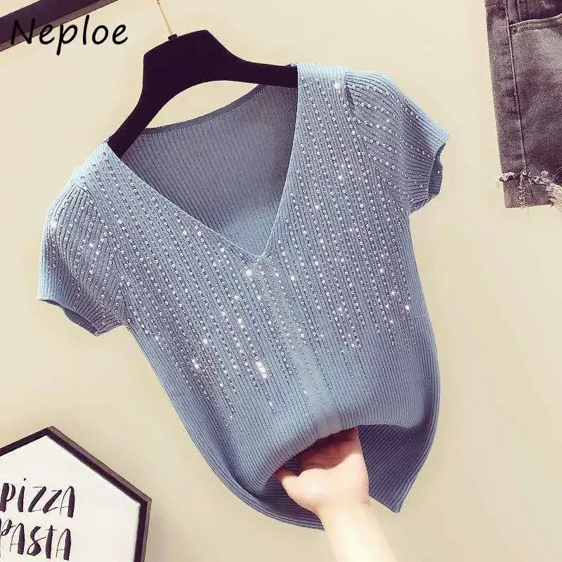 Neploe Rhinestone Knitting V-neck Womans Tops Short Sleeve Pullover Sweater Women 2024 Summer New Sexy Cropped Top T-shirts