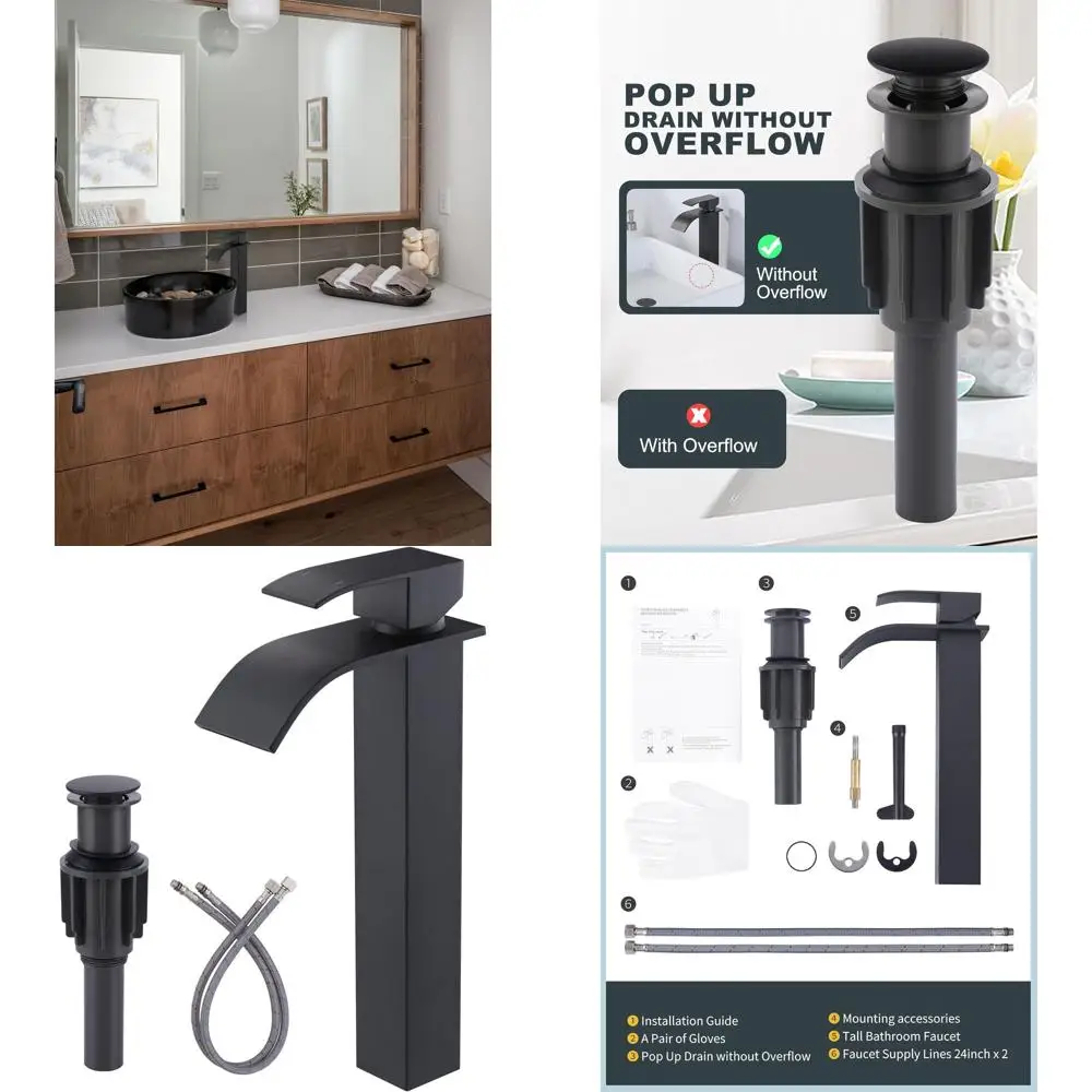 

Matte Black Single Hole Tall Bathroom Faucet with Single Handle, Waterfall Design, Pop-Up Drain, and cUPC Supply Lines