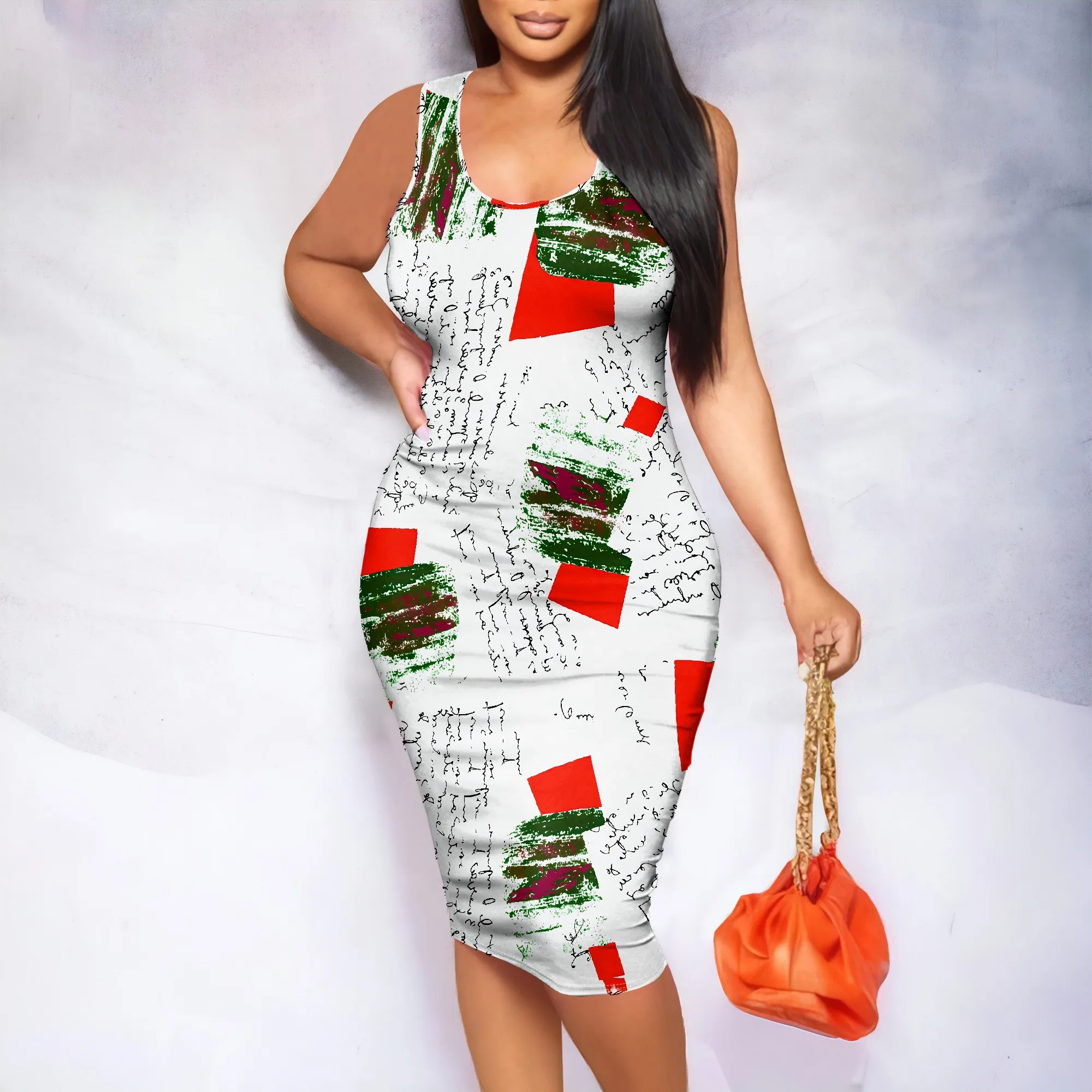 

Abstract Art Print Sleeveless Bodycon Dress, Geometric Pattern Midi Dress, Casual Summer Wear for Women, XS-2XL
