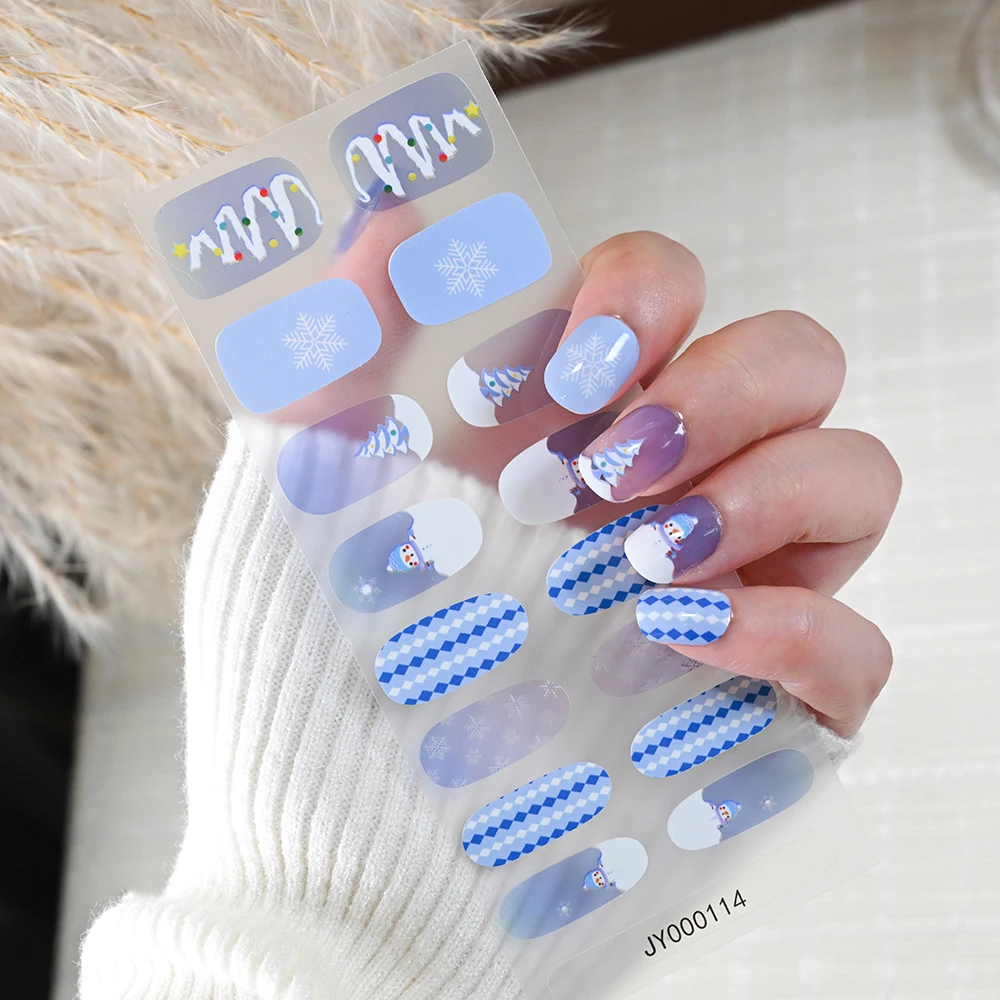 Autocollants pour ongles en Gel de noël, 1 feuille (16 embouts), dessin animé, flocons de neige, élan, cloche d'arbre Xma, couverture complète, enveloppes adhésives pour décoration d'ongles d'hiver