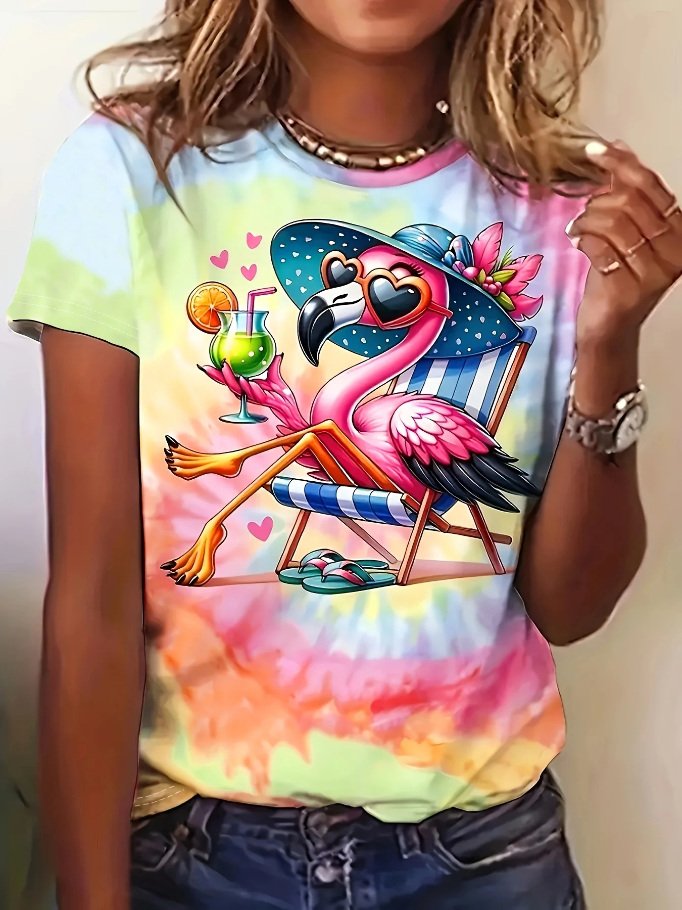 

2025 Summer Women Flamingo Printed T-shirt Round Neck Vibrant Flamingo Design Loose Short Sleeve Quick Drying and Breathable