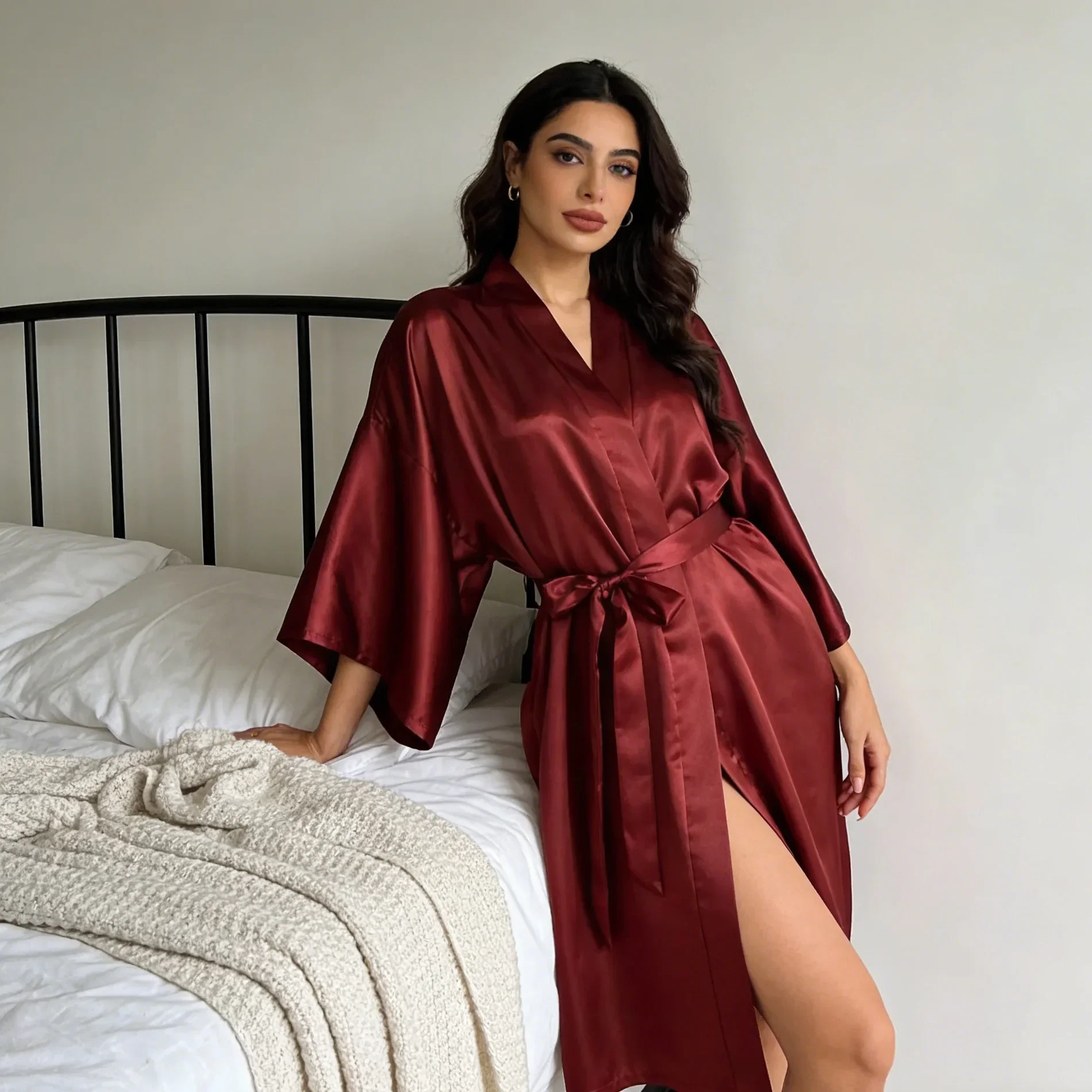 

Женский шелковый атласный халат-кимоно SIMPLEJEWEL с коротким V-образным вырезом, поясом и поясом на талии, для невесты, нижнее белье, домашняя одежда